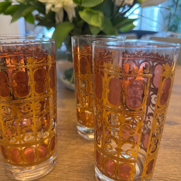 Stunning Vtg Mid-Century Fired Enamel Gold & Translucent Red Highball Glass (6) - Picture 4 of 7